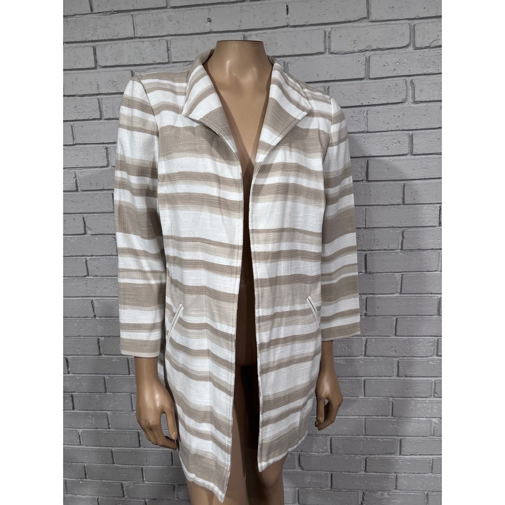 Chico's Striped Open Front Jacket Tan White Textured Lagenlook Medium